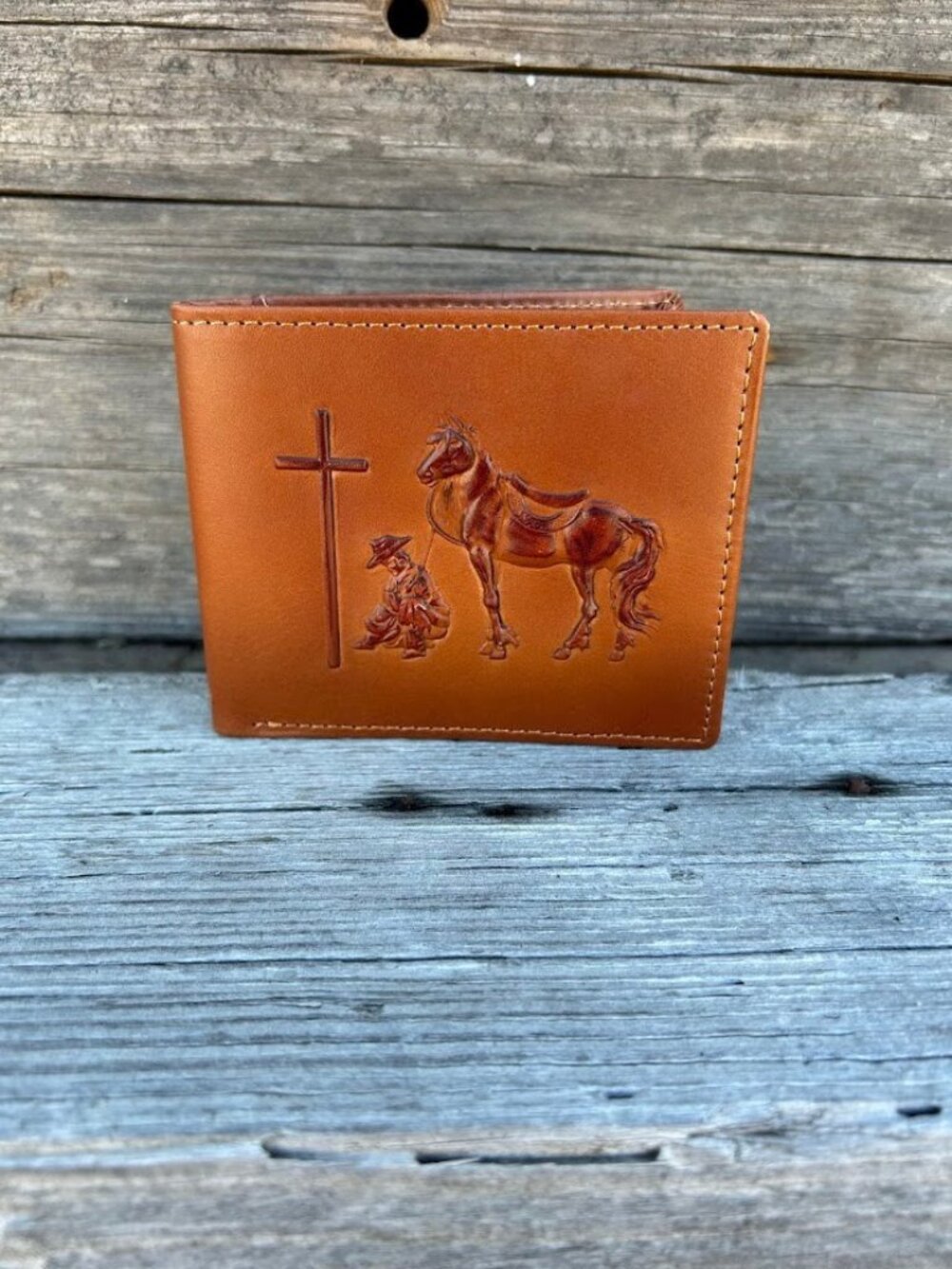 Praying Cowboy Embossed Design Light Brown Leather Bifold Wallet